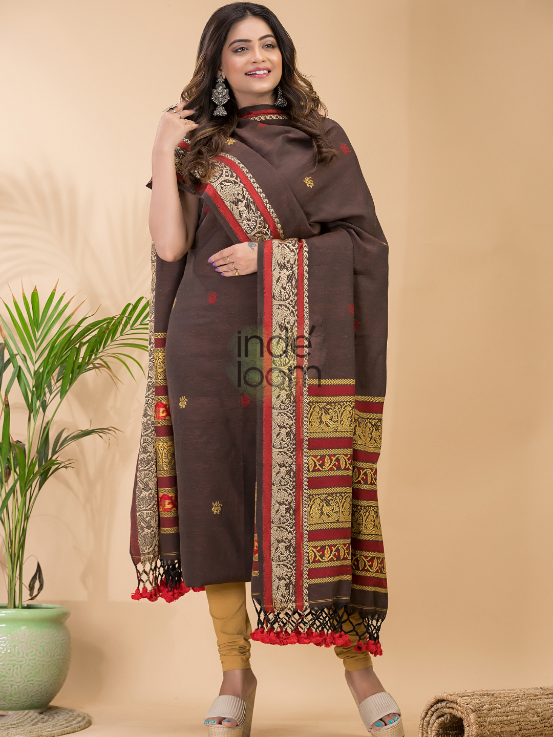 Russet Brown Baluchari Linen 2-Piece Set Kurti & Dupatta (UNSTITCHED) - 050