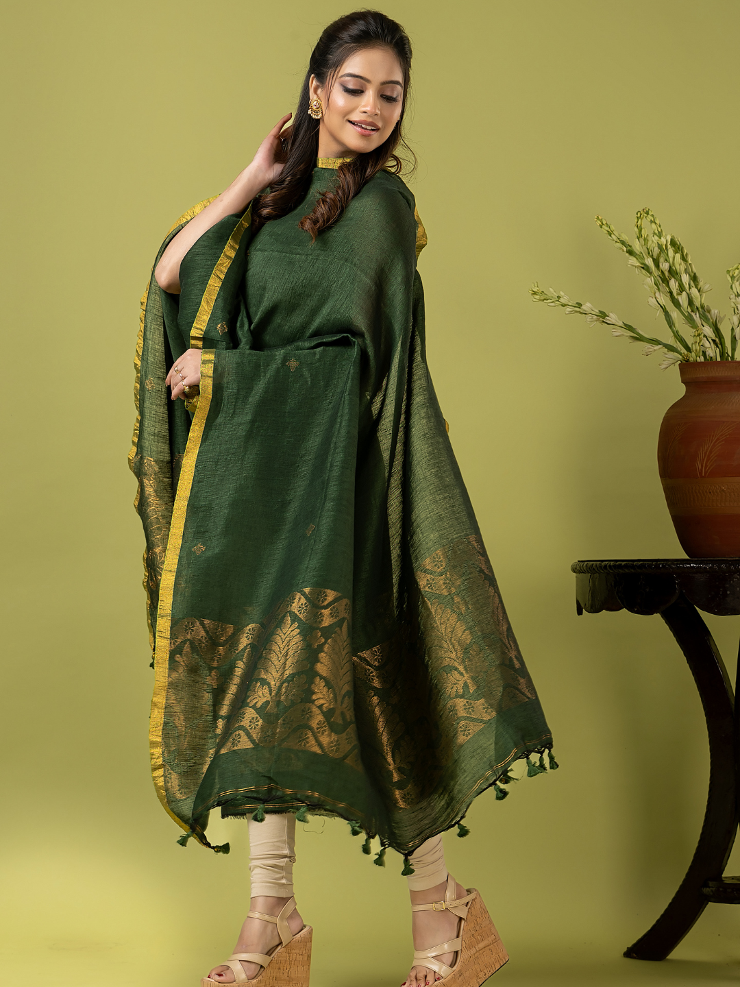 Handwoven Jamdani Linen Unstitched 2-piece Kurti | Forest Green