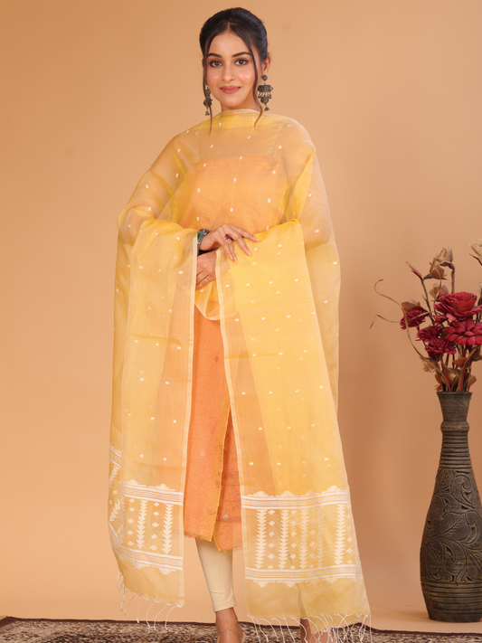 Handwoven Muslin Jamdani Dupatta | Pastel  Yellow