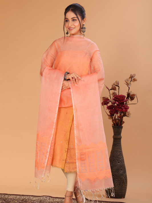 Handwoven Muslin Jamdani Dupatta | Salmon Pink