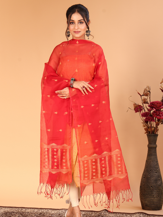 Handwoven Muslin Jamdani Dupatta | Red