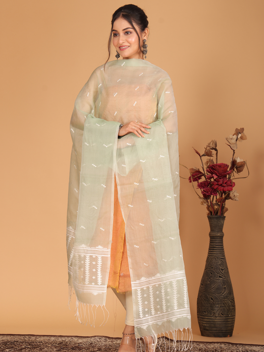 Handwoven Muslin Jamdani Dupatta | Pista Green