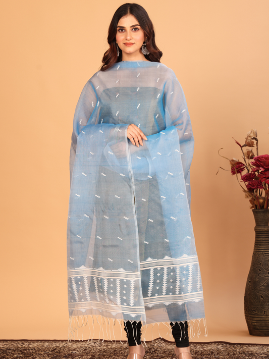 Handwoven Muslin Jamdani Dupatta | Ice Blue