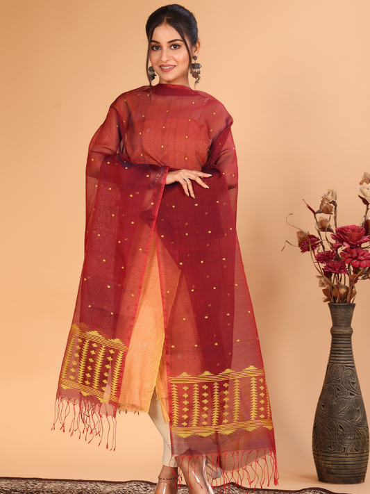 Handwoven Muslin Jamdani Dupatta | Copper Brown
