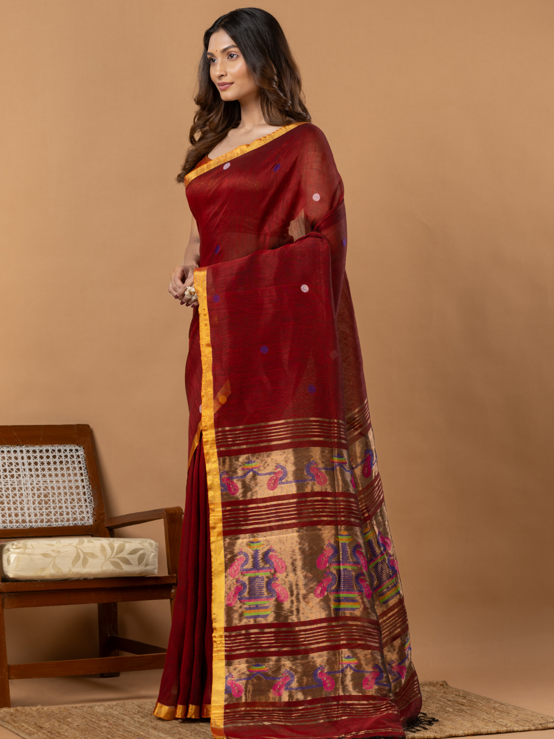 Pure Handloom Linen Saree | Deep Red
