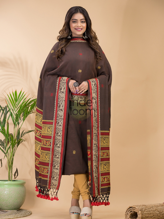 Russet Brown Baluchari Linen 2-Piece Set Kurti & Dupatta (UNSTITCHED) - 050