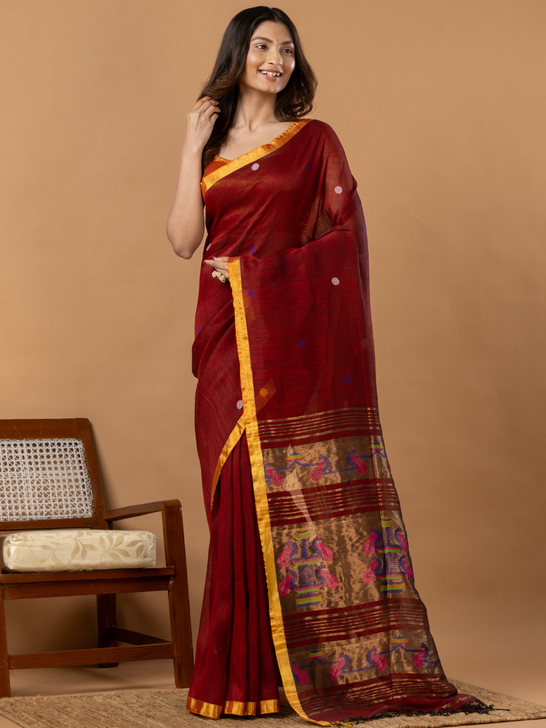 Pure Handloom Linen Saree | Deep Red