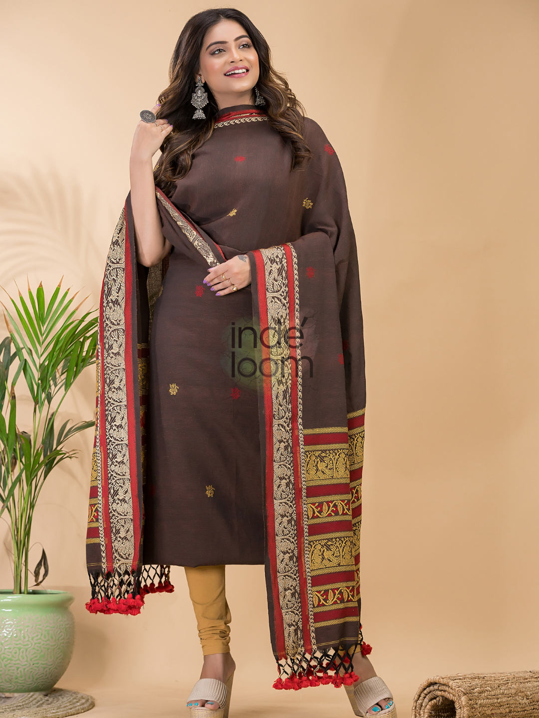 Russet Brown Baluchari Linen 2-Piece Set Kurti & Dupatta (UNSTITCHED) - 050