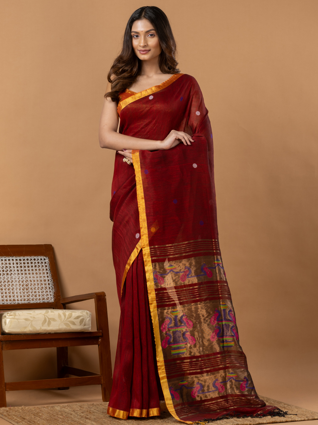 Pure Handloom Linen Saree | Deep Red