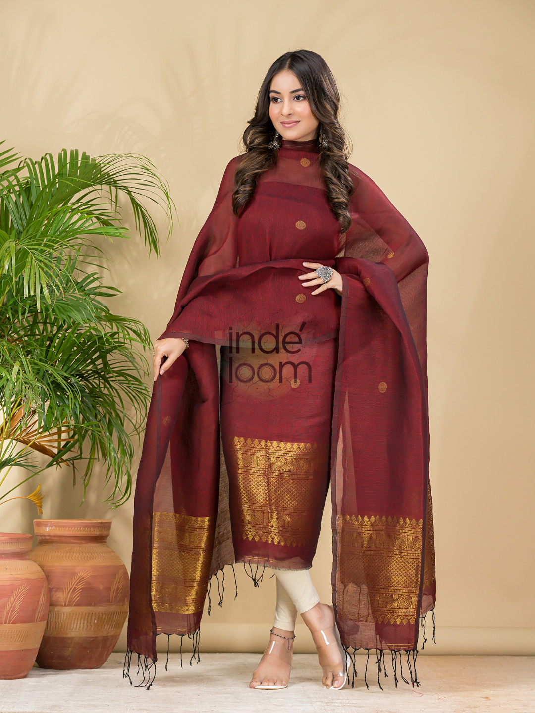 Blood Red Muslin Linen 2-Piece Set Kurti & Dupatta (UNSTITCHED) - 867