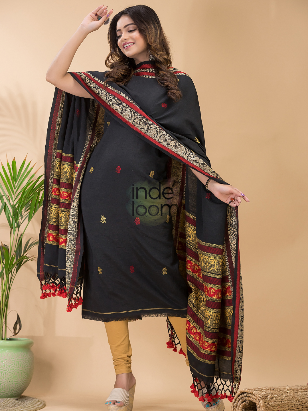 Soft Black Baluchari Linen 2-Piece Set Kurti & Dupatta (UNSTITCHED) - 051