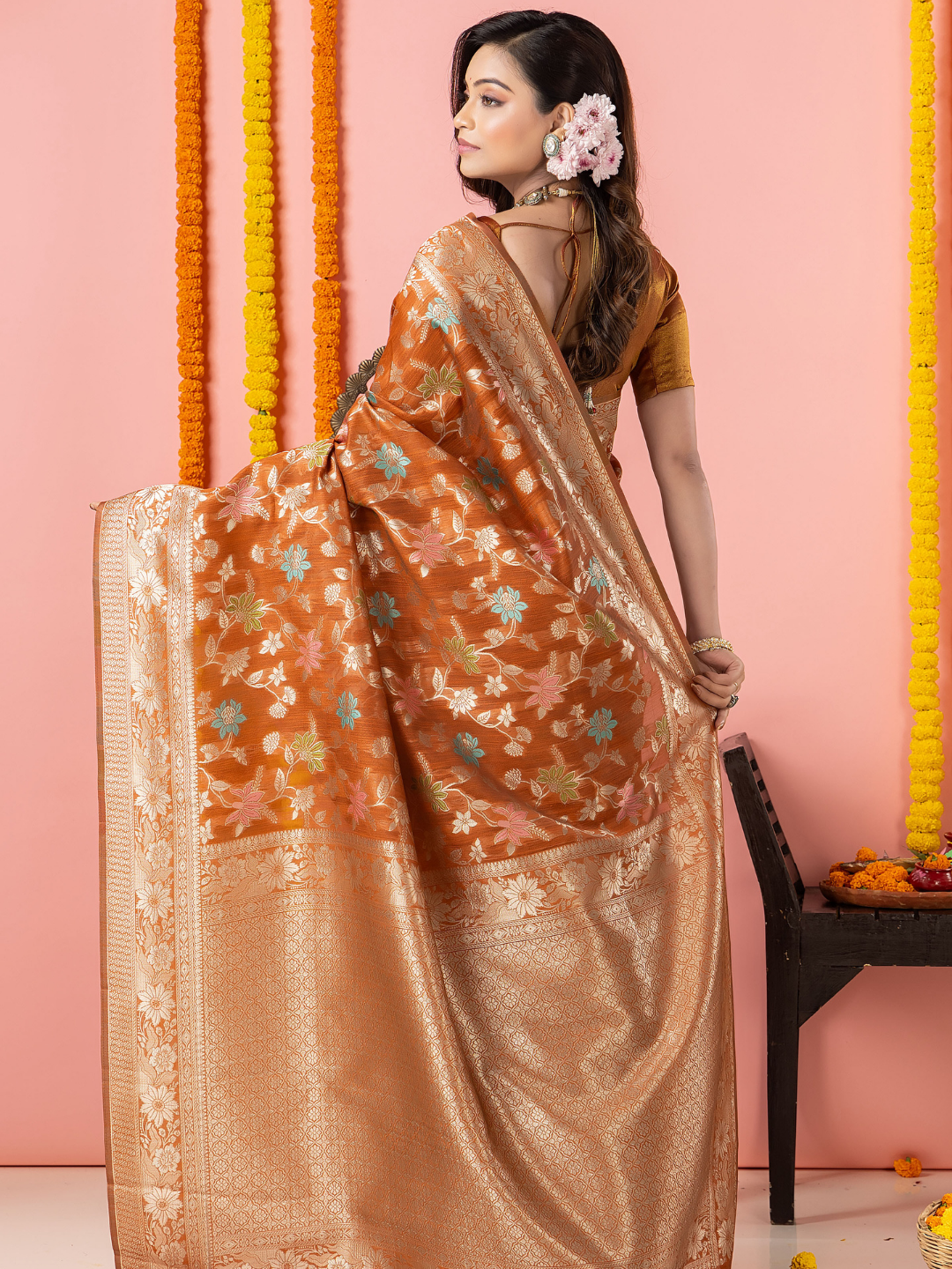 Classic Benarasi Katan Semi Silk Saree | Copper Brown