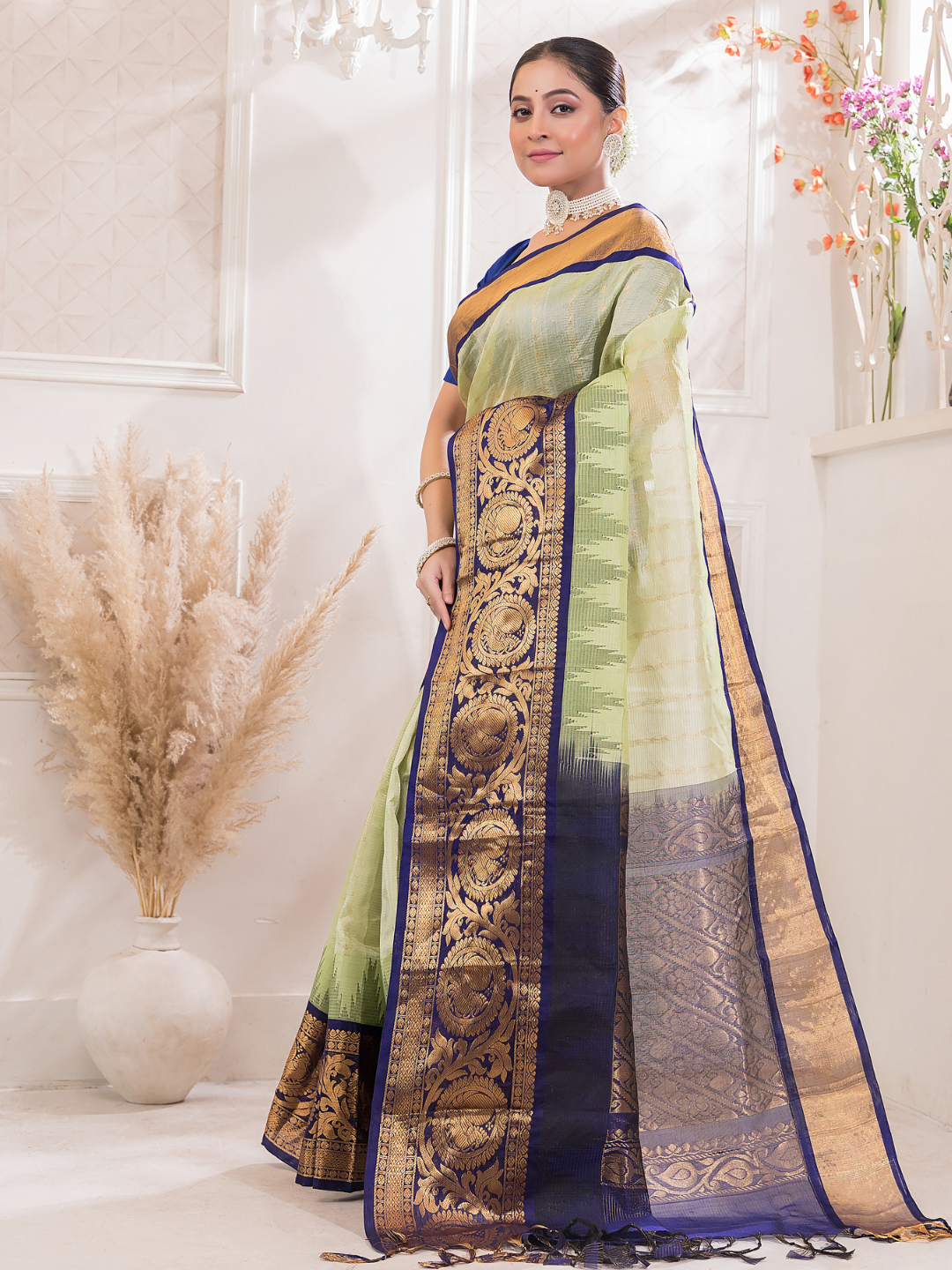 Pure Handloom Korvai Silk Cotton Saree in With Light Green and Golden Blue Border- 008