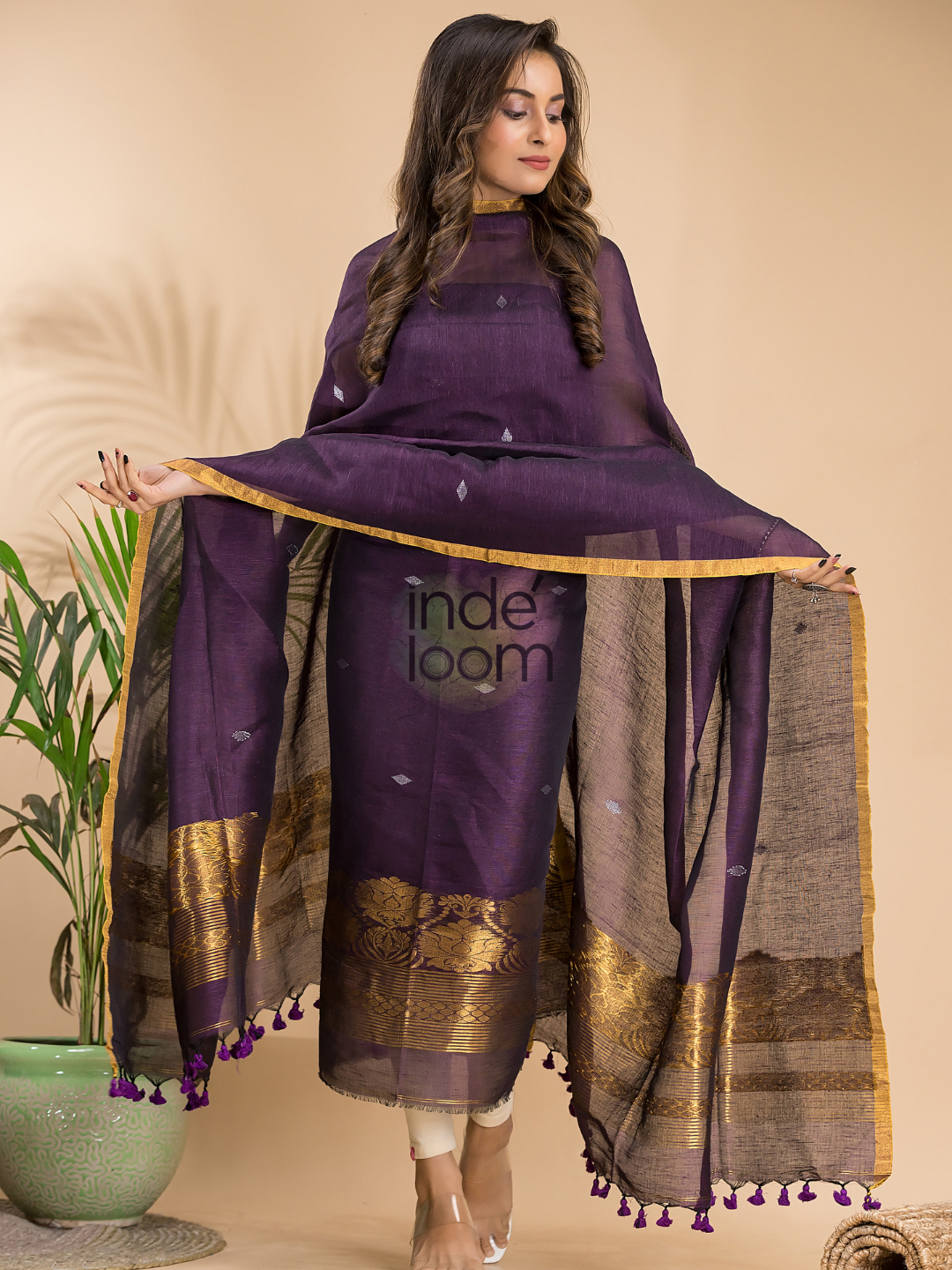 Grape Purple Cotton Linen 2-Piece Set Kurti & Dupatta (UNSTITCHED) - 005