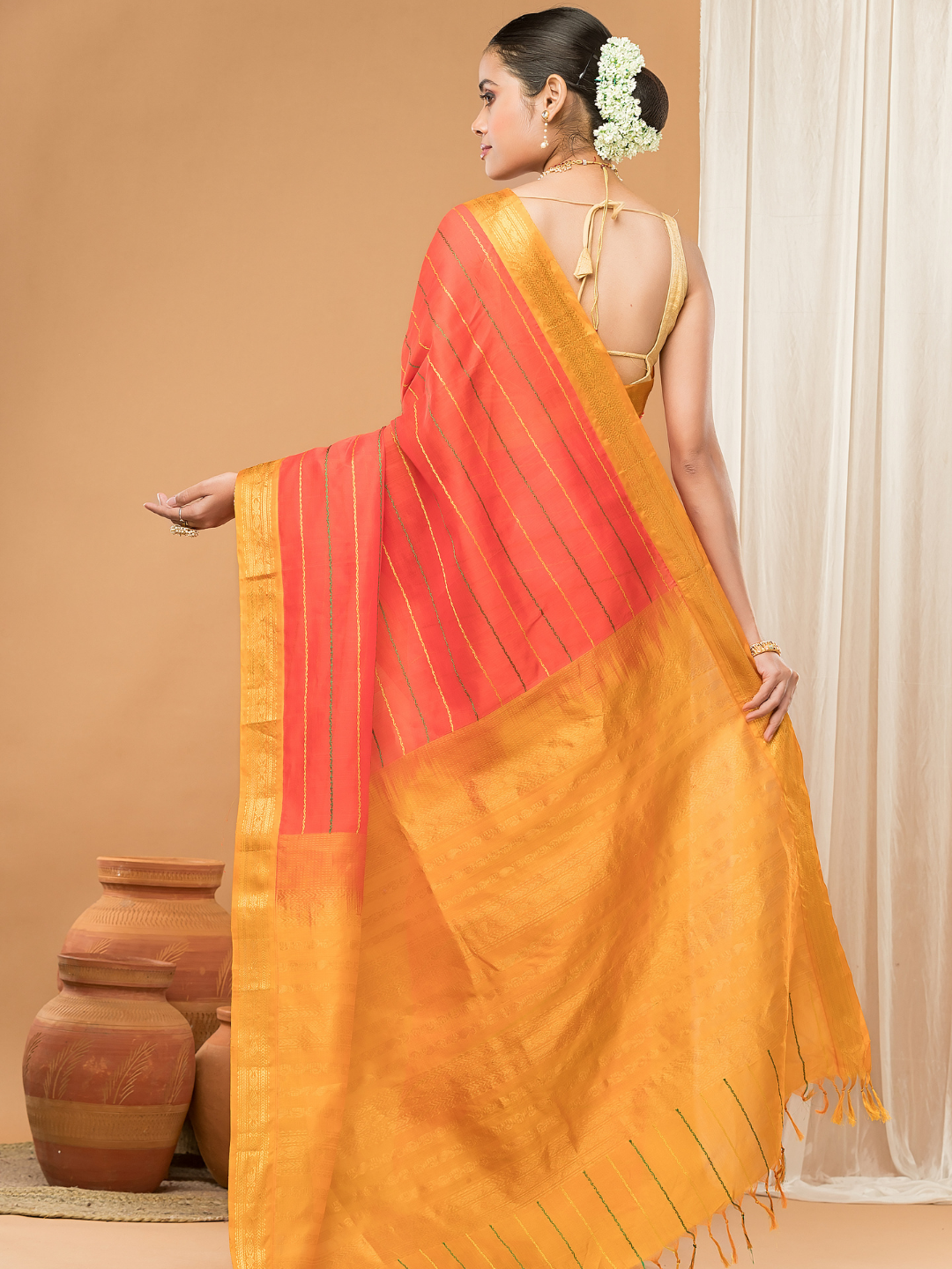 Pure Handloom Korvai Saree |Vivid Orange With Gold Broder