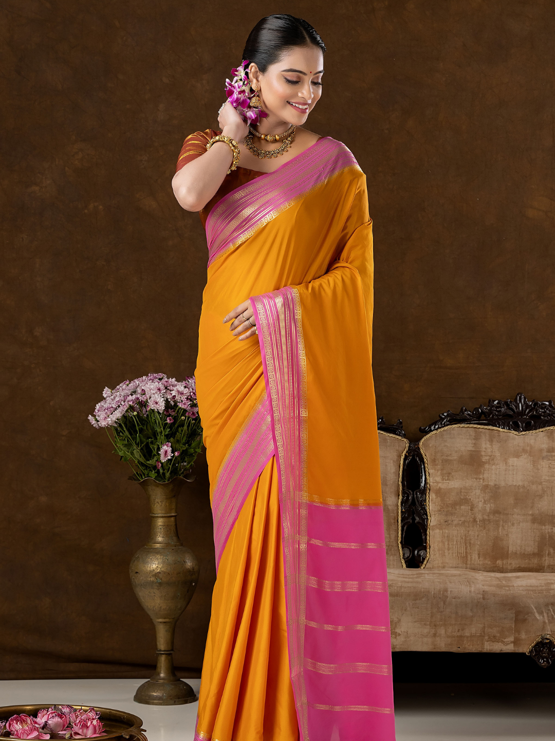 Classic Mysore Semi Silk Saree | Mustard Gold