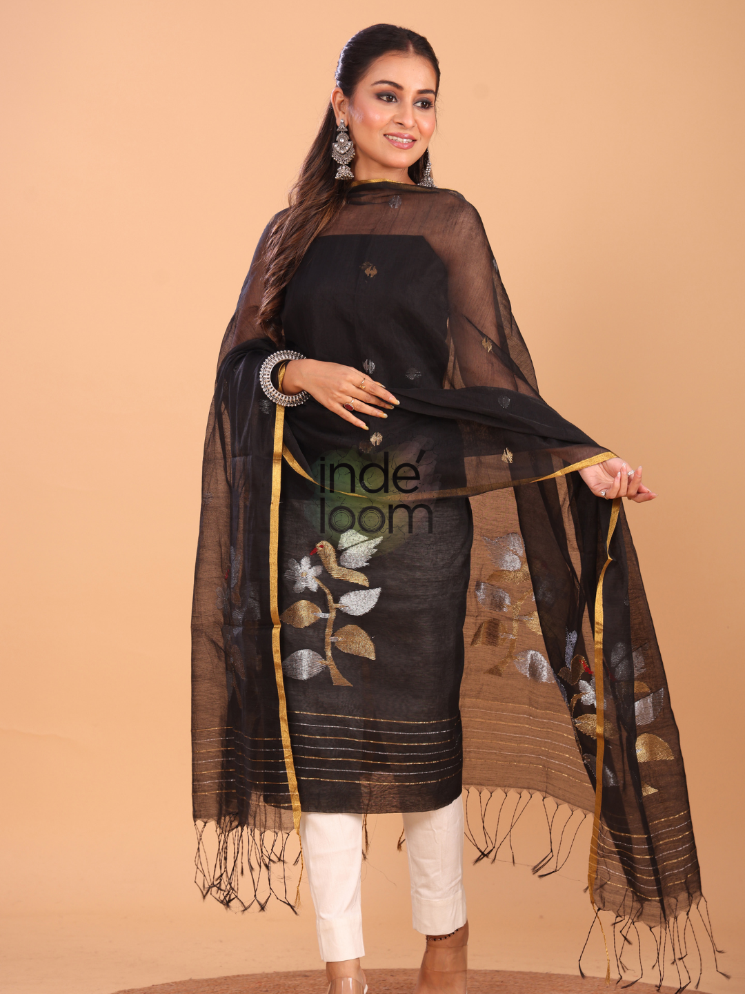 Space Black Muslin Jamdani 2-Piece Set Kurti & Dupatta (UNSTITCHED) - 084