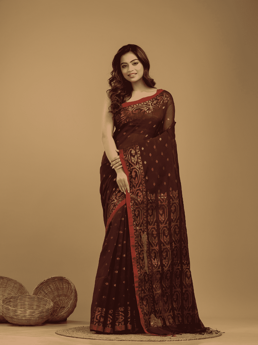Jamdani Saree With Red Brown - 15 - indeloom