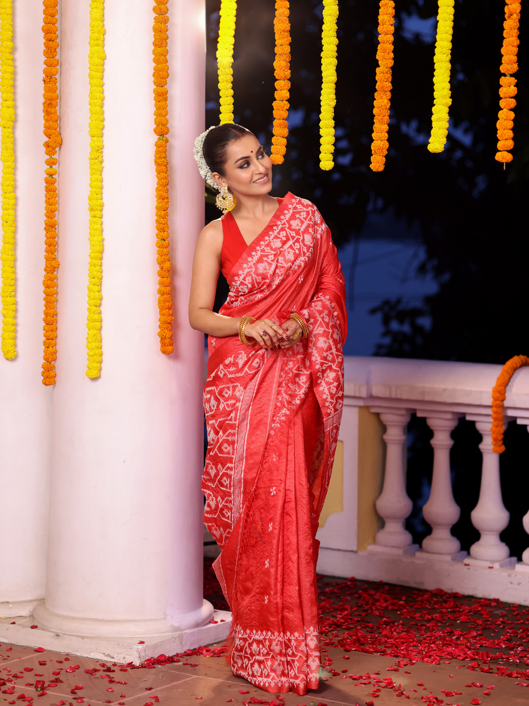 Tussar Silk Jamdani Saree With Classic Red - 111