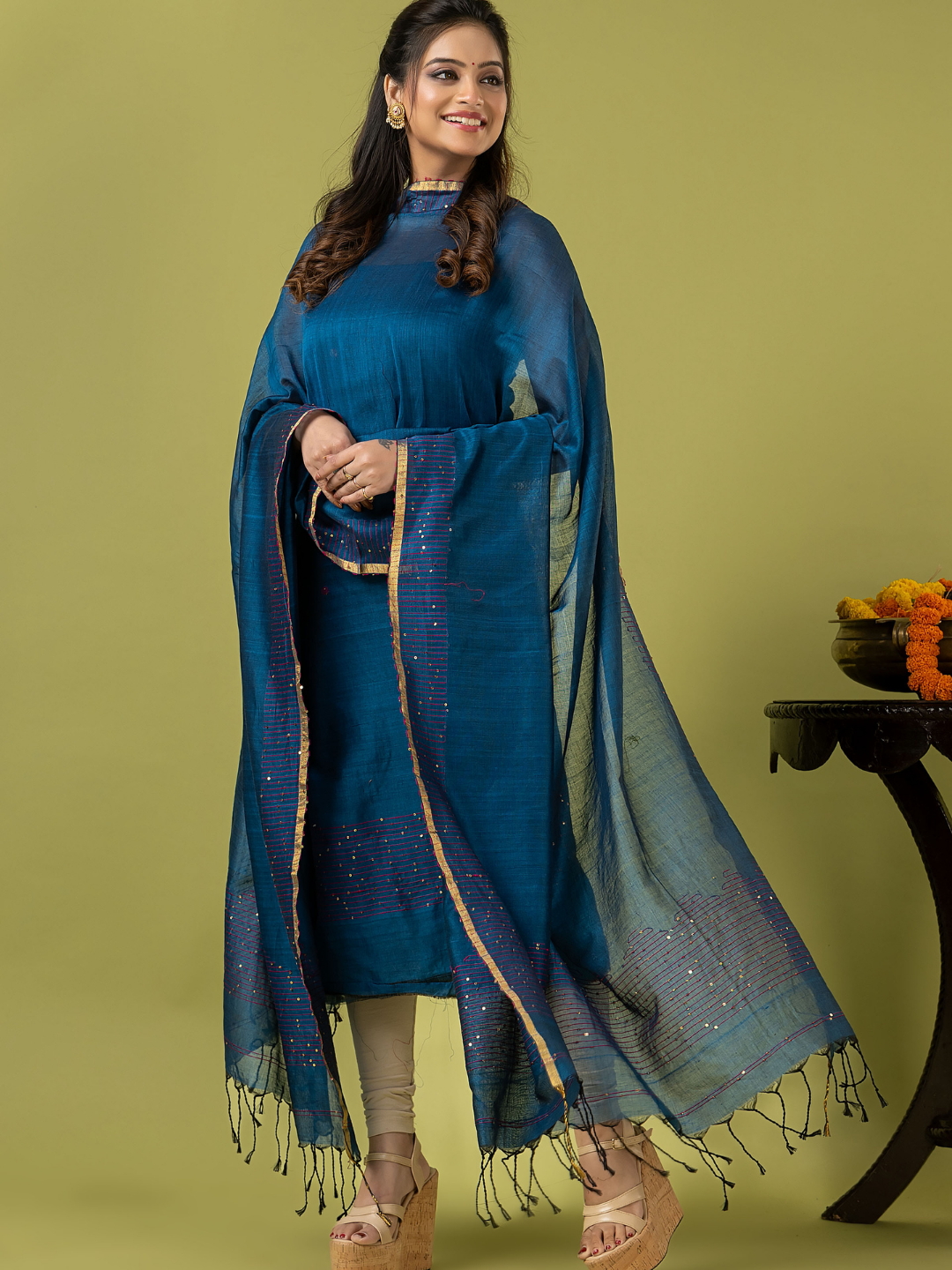 Handwoven Jamdani cotton Unstitched 2-piece Kurti | Peacock Teal Blue