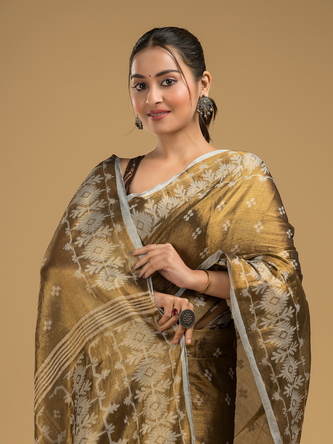 Tissue Silk Jamdani Saree Dark Green -045