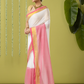 Pure Handloom Cotton Saree | White and Pink | Plain Body with Ribbon border