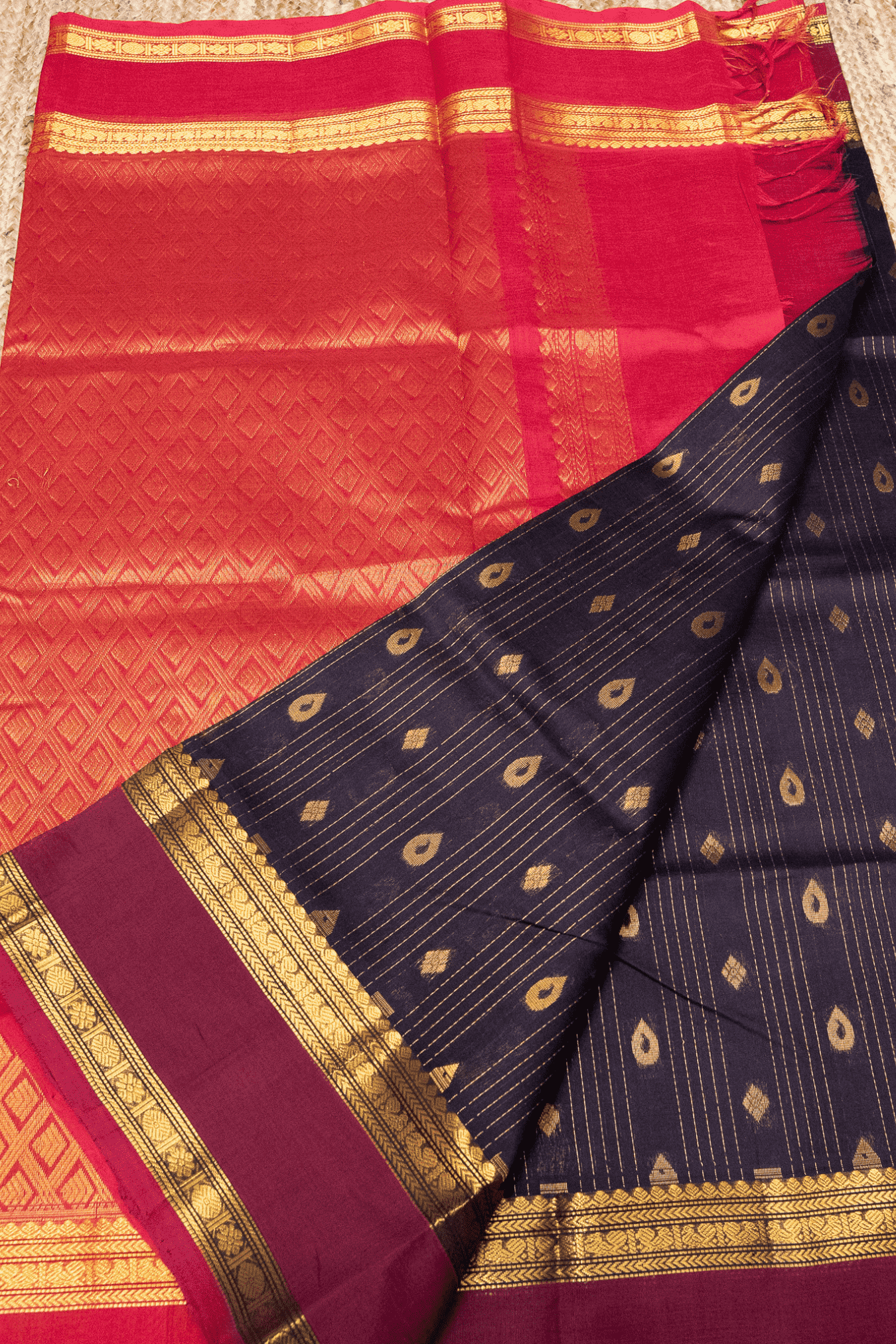 Pure Handloom Korvai Saree | Deep Chocolate Brown and rich Red