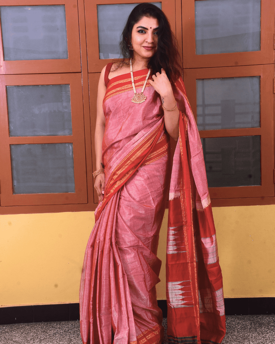 Pure Ilkal Silk Saree in Pink with Red and Yellow border - 041