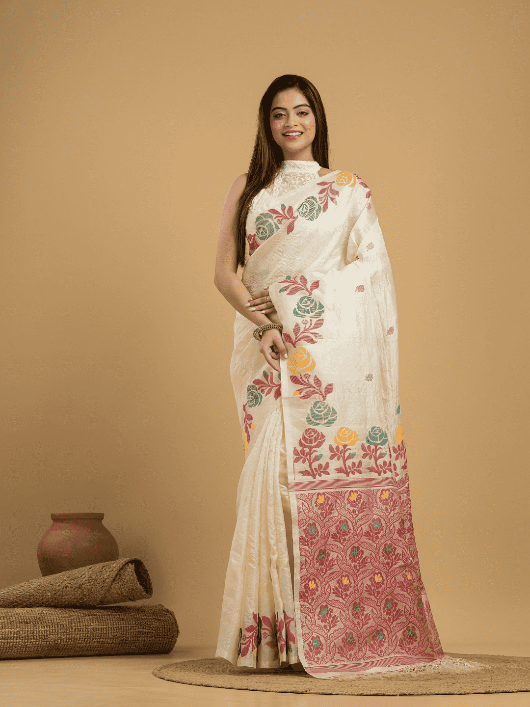 Beige Brown Matka Silk Jamdani Saree - 047 - indeloom