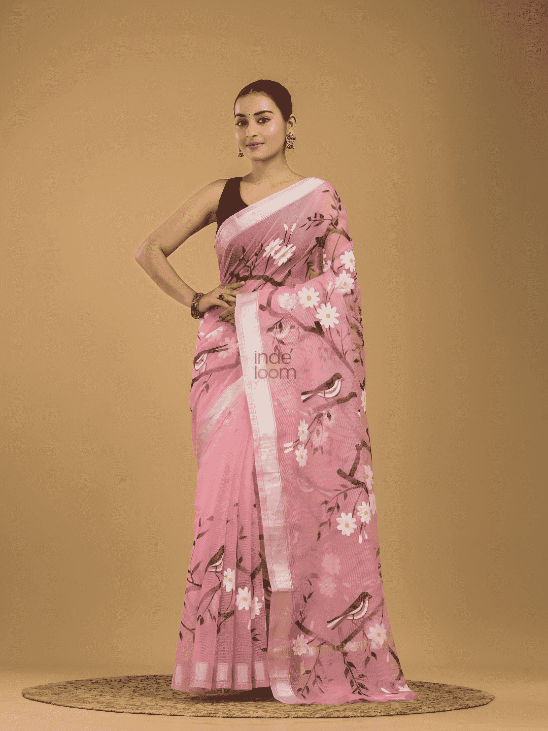 Kota Doria Handpainted Saree With Baby Pink - 005 - indeloom