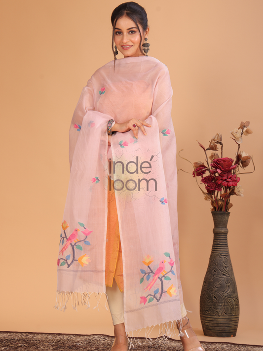 Pure Handloom Muslin Jamdani Dupatta With Light Pink - 009