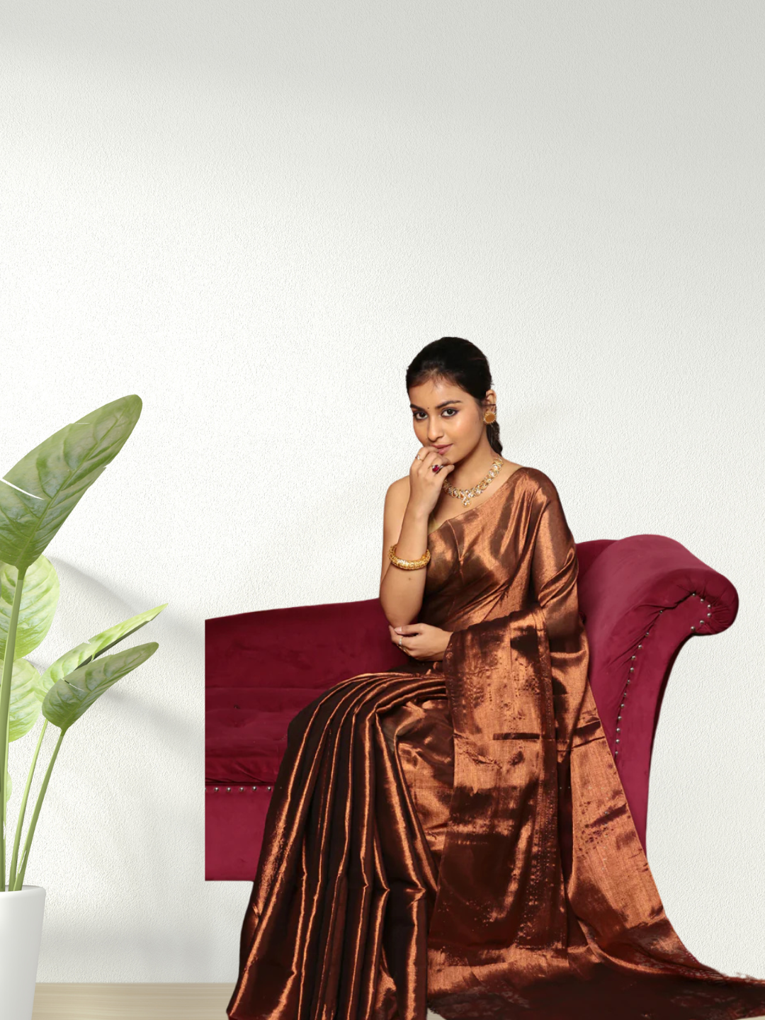 Tissue Silk Saree With Golden Wood Brown  - 010