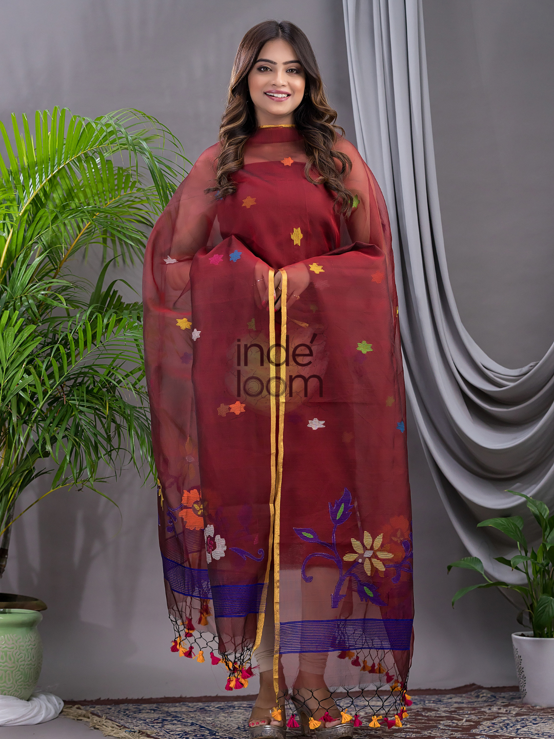 Cherry Red Cotton Silk Jamdani 2-Piece Set Kurti & Dupatta (UNSTITCHED) - 105