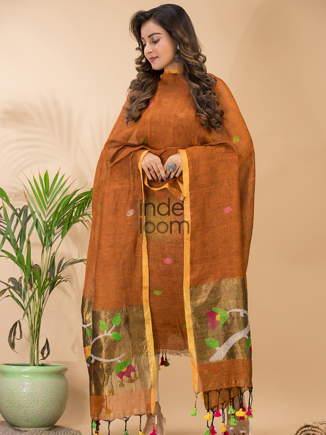 Dark Orange Linen X Linen 2-Piece Set Kurti & Dupatta (UNSTITCHED) - 077