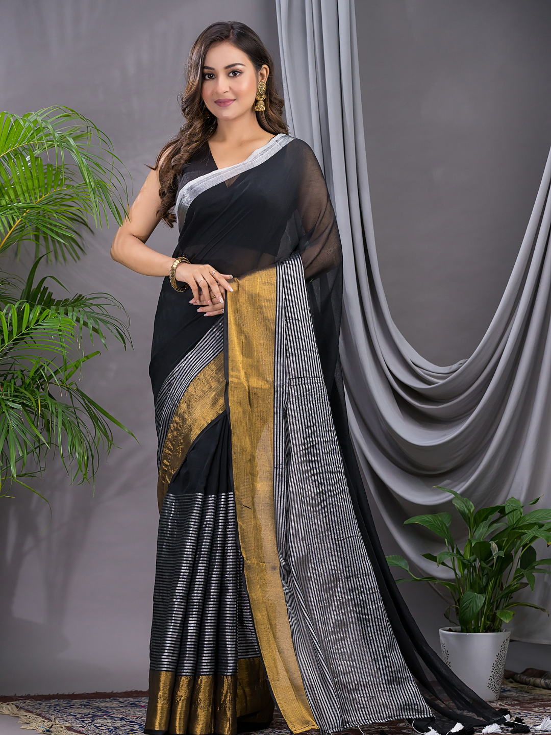 Tissue Silk Saree With Super Black - 011