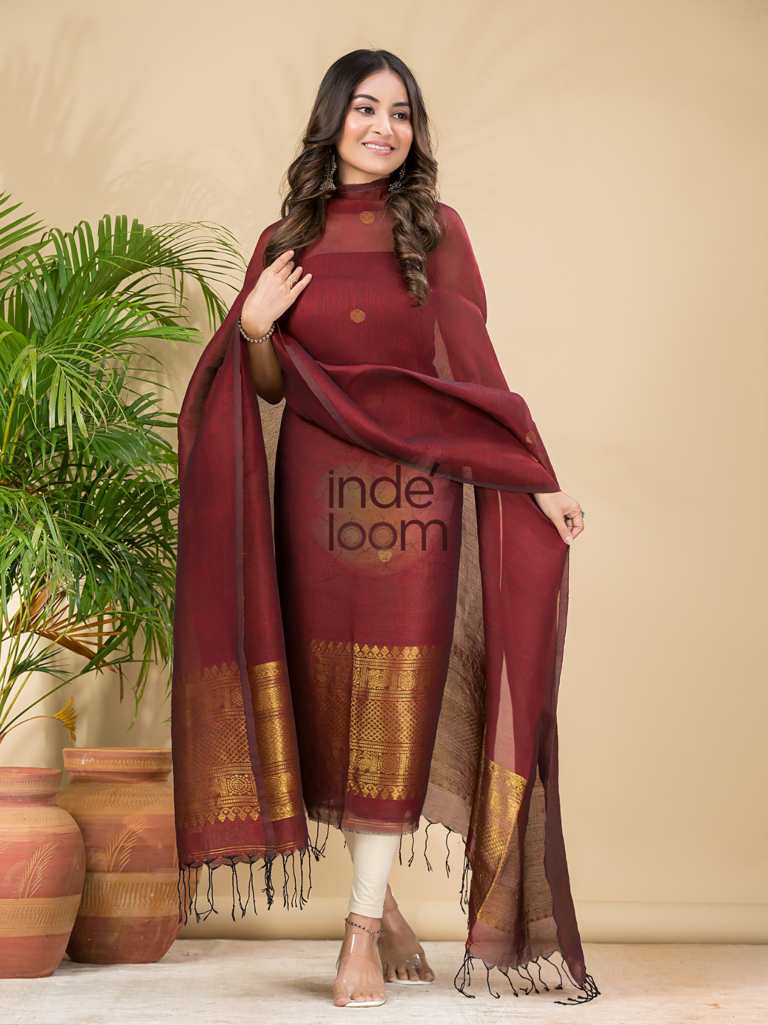 Blood Red Muslin Linen 2-Piece Set Kurti & Dupatta (UNSTITCHED) - 867