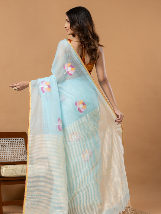 Handwoven Jamdani Muslin Silk Saree | Sky Blue