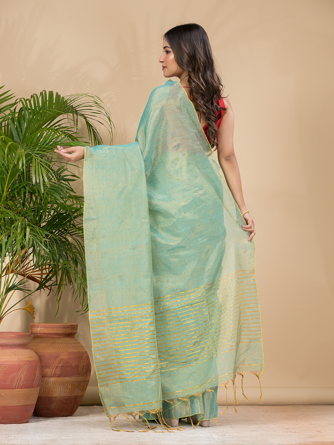 Tissue Linen Handloom Saree With Mint Green - 024