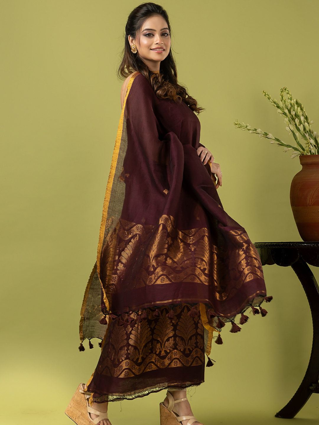 Handwoven Jamdani Linen Unstitched 2-piece Kurti | Deep Plum