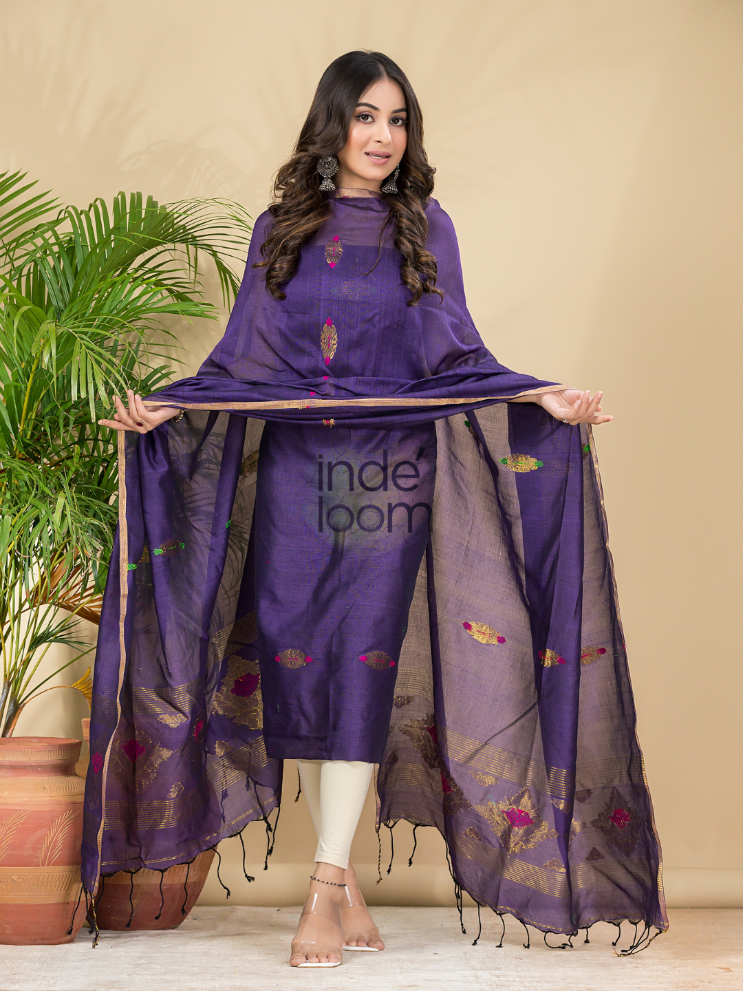 Grape Purple Mercerised Cotton Meenakari Motif 2-Piece Kurti & Dupatta (UNSTITCHED)-874