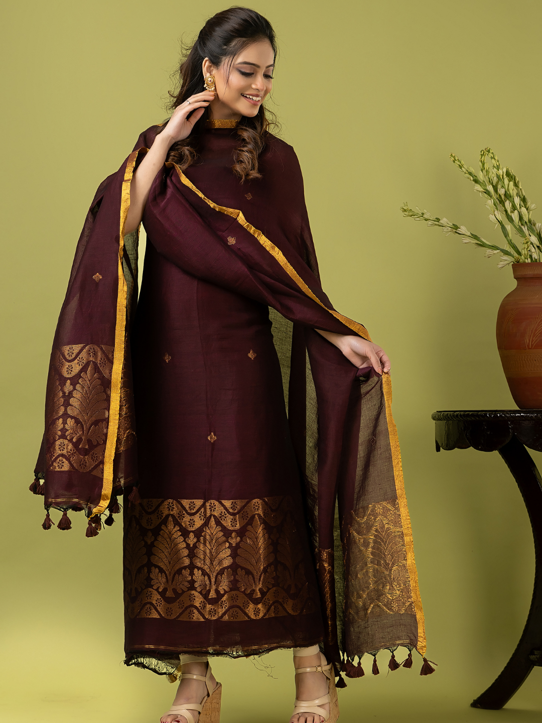 Handwoven Jamdani Linen Unstitched 2-piece Kurti | Deep Plum
