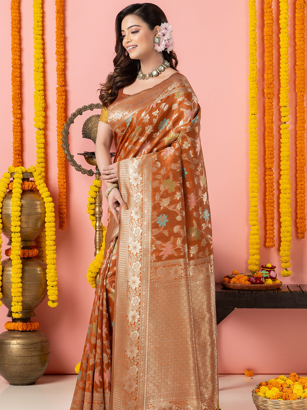 Classic Benarasi Katan Semi Silk Saree | Copper Brown