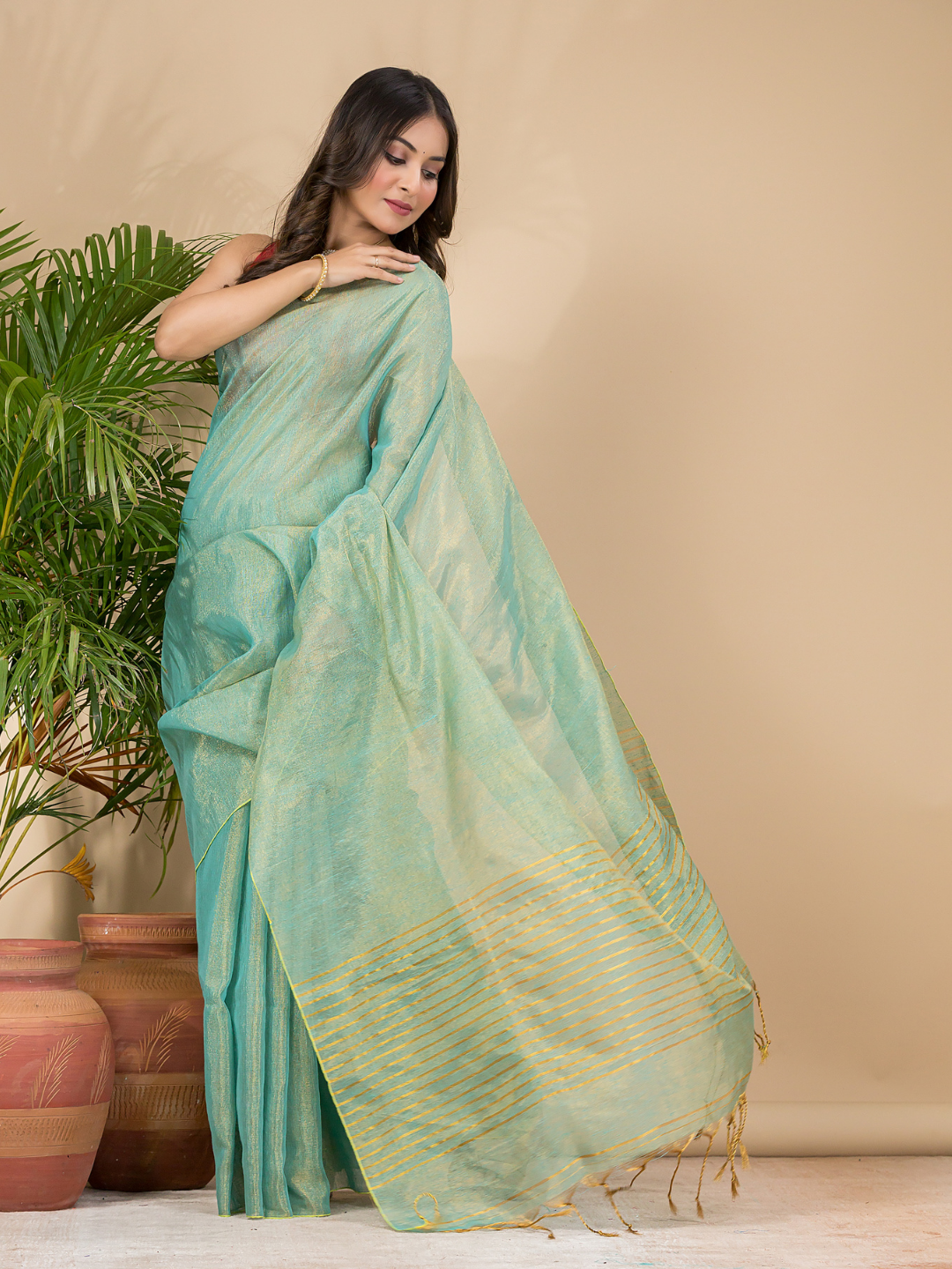 Tissue Linen Handloom Saree With Mint Green - 024