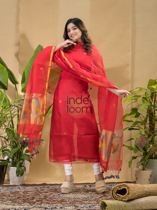 Apple Red Jamdani 2-Piece Set Kurti & Dupatta (UNSTITCHED) -783