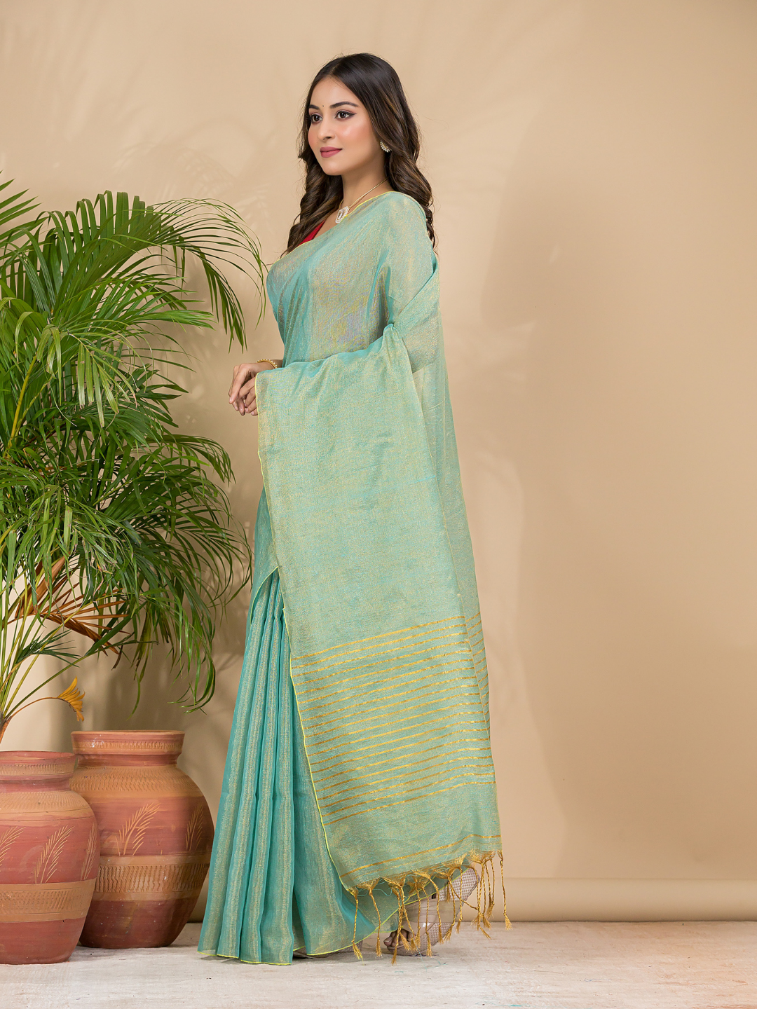 Tissue Linen Handloom Saree With Mint Green - 024