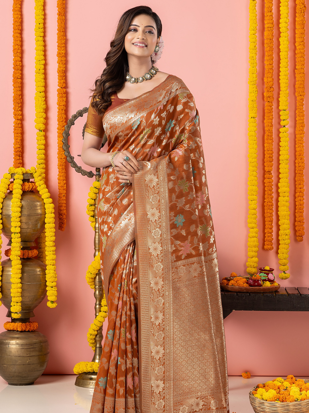 Classic Benarasi Katan Semi Silk Saree | Copper Brown