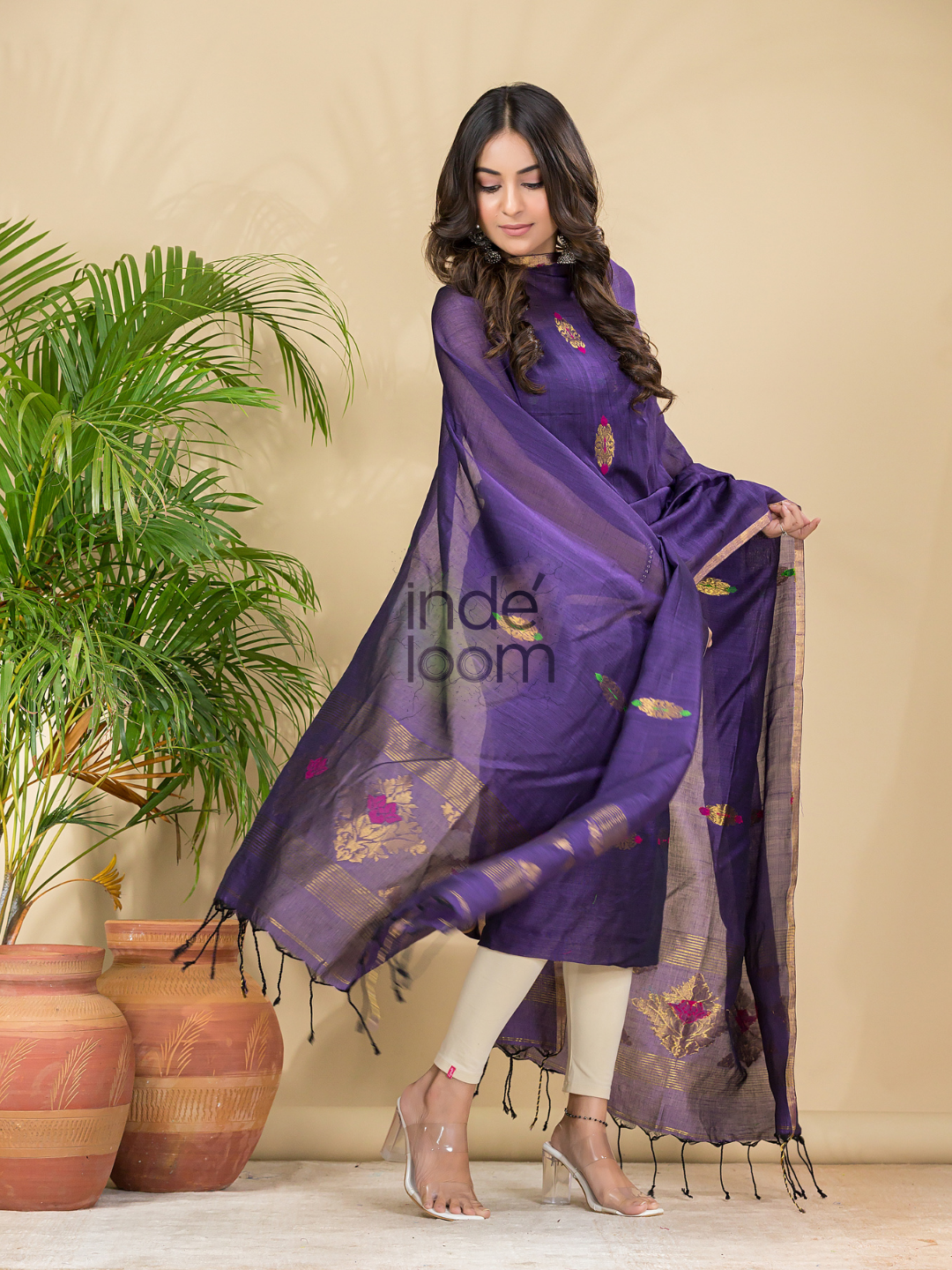 Grape Purple Mercerised Cotton Meenakari Motif 2-Piece Kurti & Dupatta (UNSTITCHED)-874
