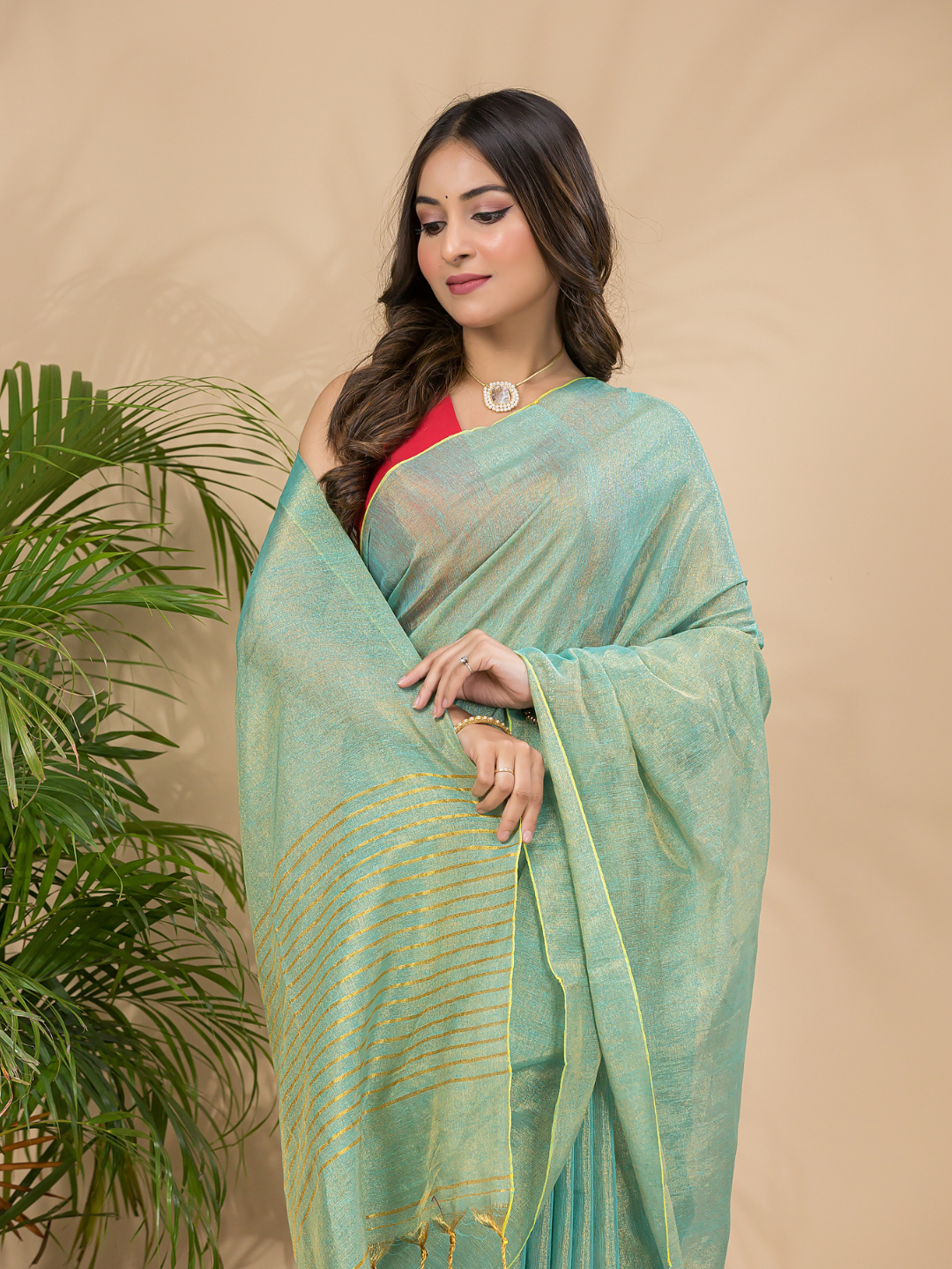 Tissue Linen Handloom Saree With Mint Green - 024