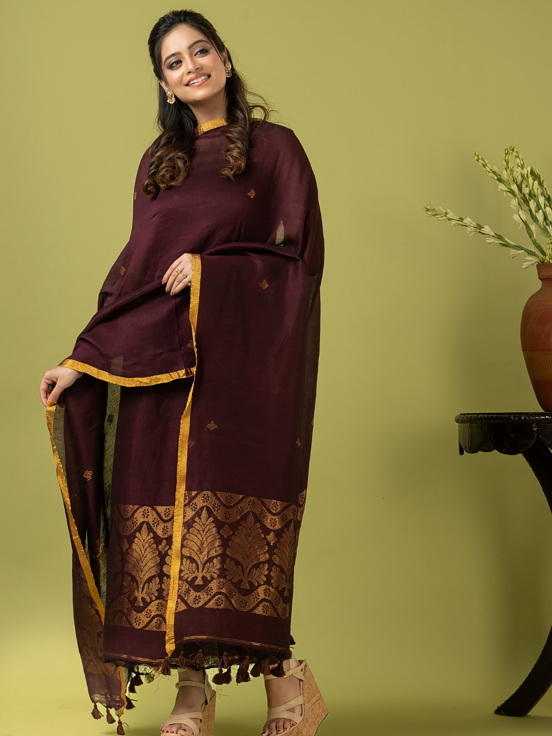 Handwoven Jamdani Linen Unstitched 2-piece Kurti | Deep Plum