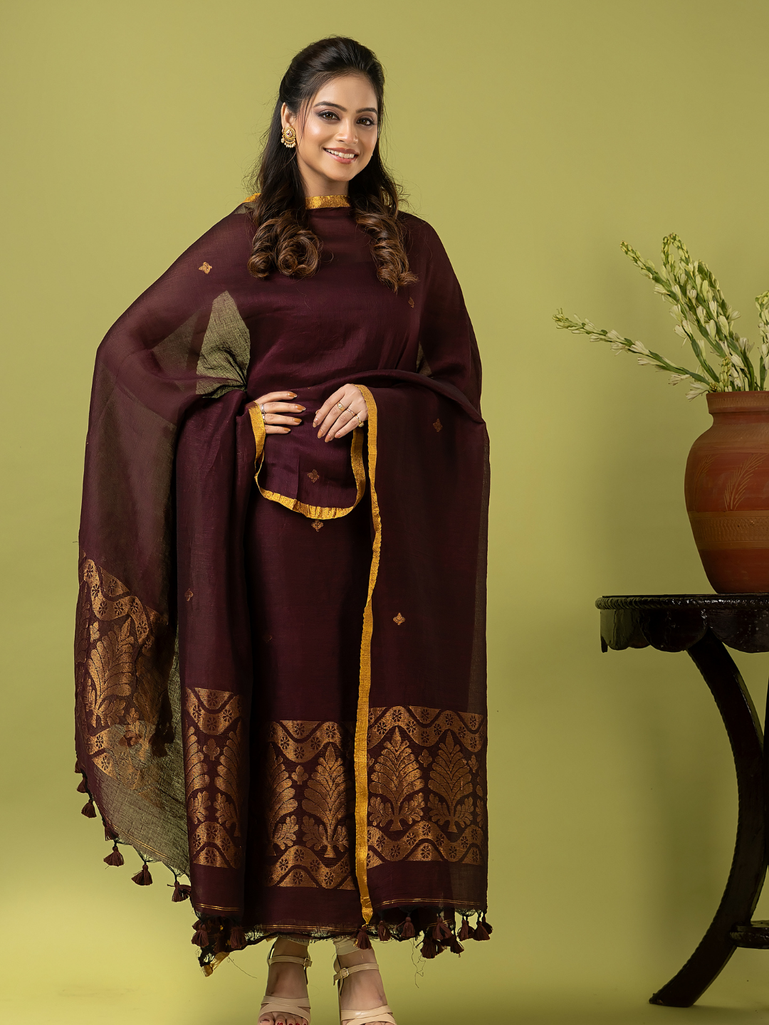 Handwoven Jamdani Linen Unstitched 2-piece Kurti | Deep Plum